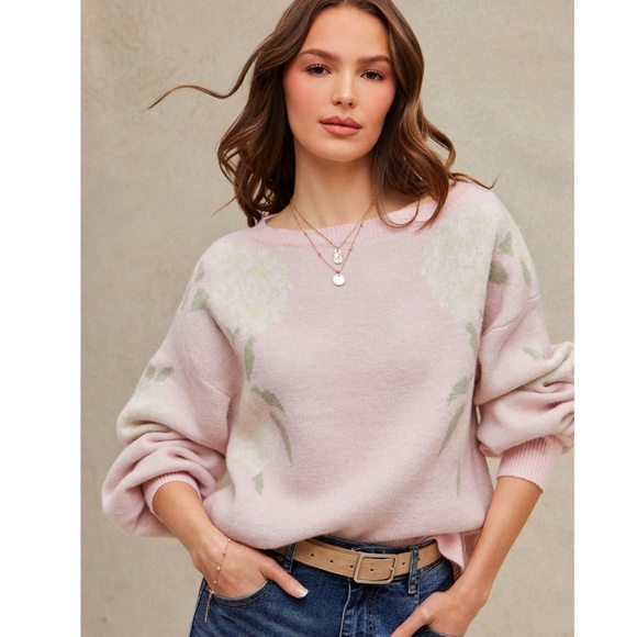 Roses Print Pink Knit Round Neck Long Sleeve Pullover Sweater Stretchy - Picture 6 of 7